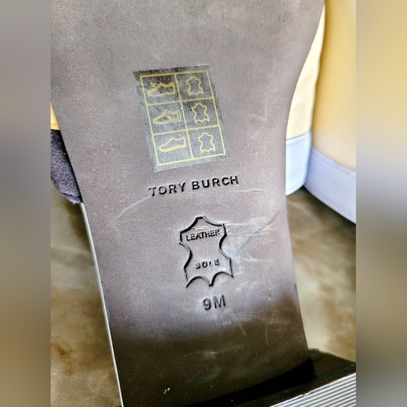 Tory Burch Marquetry Nappa Leather/Suede Mules Slides Abstract Tan/Peachy US 9 - Picture 12 of 16